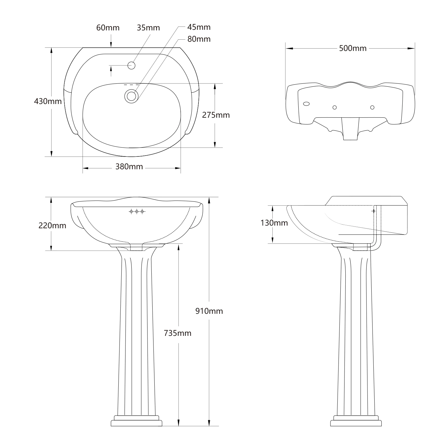 dimension figure of 50 cm white oval wash basin mb-2064